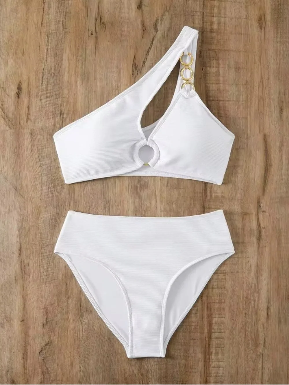 White One-Shoulder Asymmetric Bikini with Gold Ring Accents - Picture 10 of 11